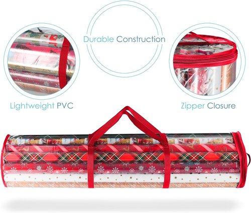 Hearth & Harbor Wrapping Paper Storage Container - Tear-Proof Organizer for 14 Rolls - Clear & Red