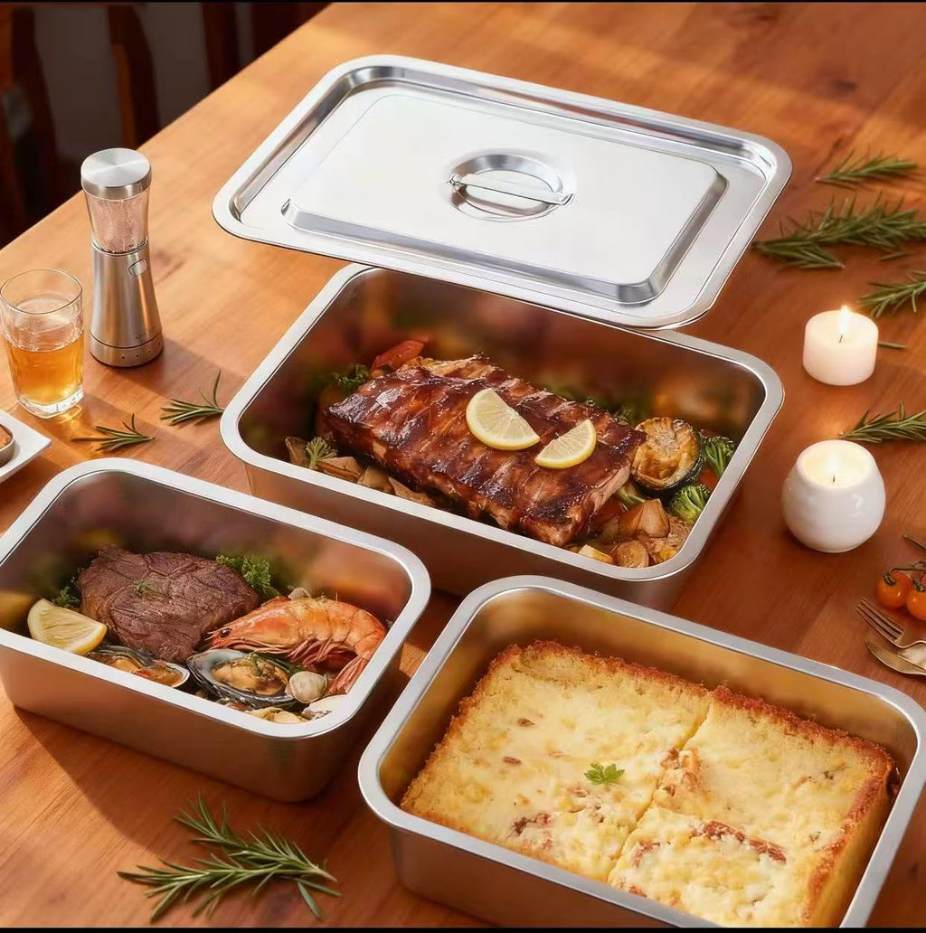 Regine Switzerland 4-Inch Deep Lasagna Pan - 2-Pack Stainless Steel Baking Dish with Lid | 7.4QT Oven Roasting Pans