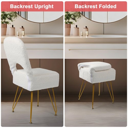 mapleway Small Vanity Stool Chair with Storage and Adjustable Folding Back 12.6" x 13.8" x 29.9" Alpaca Fur Soft Ottoman 4 Metal Legs with Anti-Slip Feet Furry Padded Seat for Makeup, Bedroom, White
