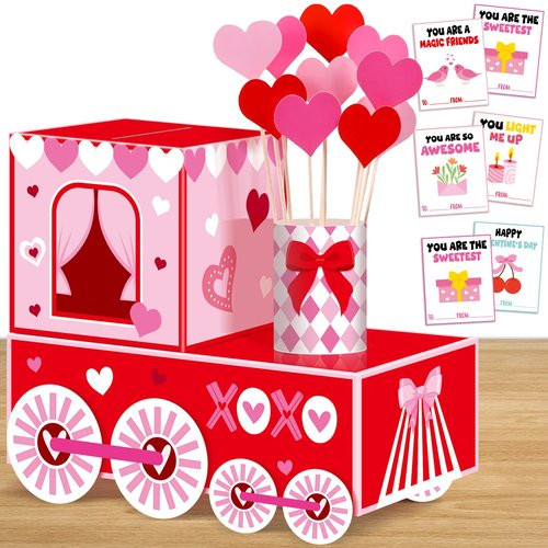 ojustbeok 50 PCS Large Valentine's Day Card Box for Exchange Valentine's Day Train Mailbox for Classroom Exchange Valentine Card for Train Heart Party Favors