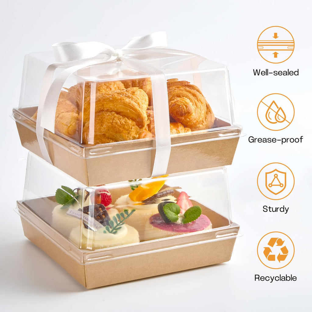ZORRITA 7 x 7 x 4 Inches Paper Cake Boxes with Clear Lids, 40 Pack Disposable Charcuterie Boxes Square Food Containers for 4-6 Inch Cake, Dessert, Pie, Cupcake, Bakery (Brown)
