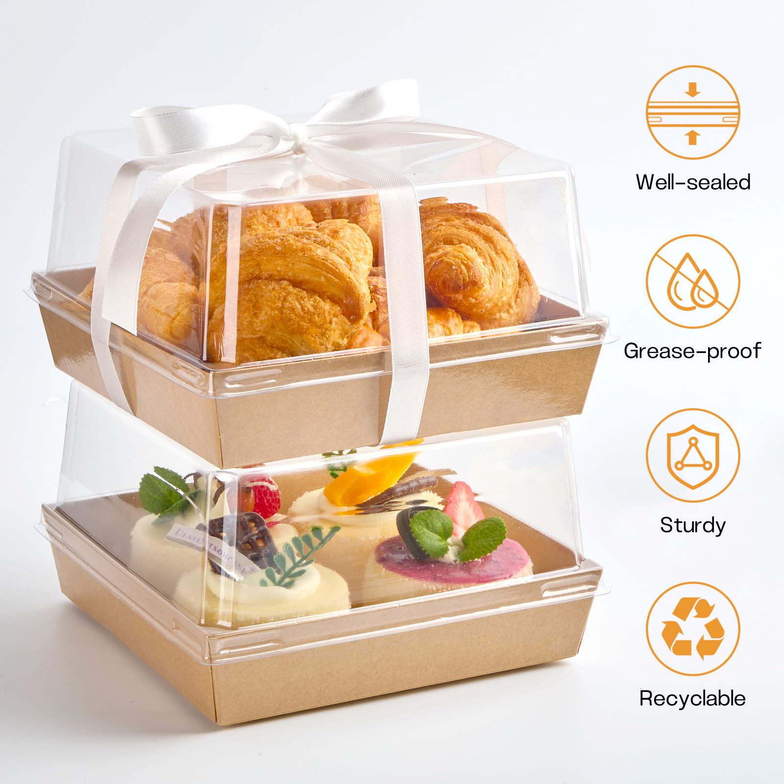 ZORRITA 7 x 7 x 4 Inches Paper Cake Boxes with Clear Lids, 40 Pack Disposable Charcuterie Boxes Square Food Containers for 4-6 Inch Cake, Dessert, Pie, Cupcake, Bakery (Brown)