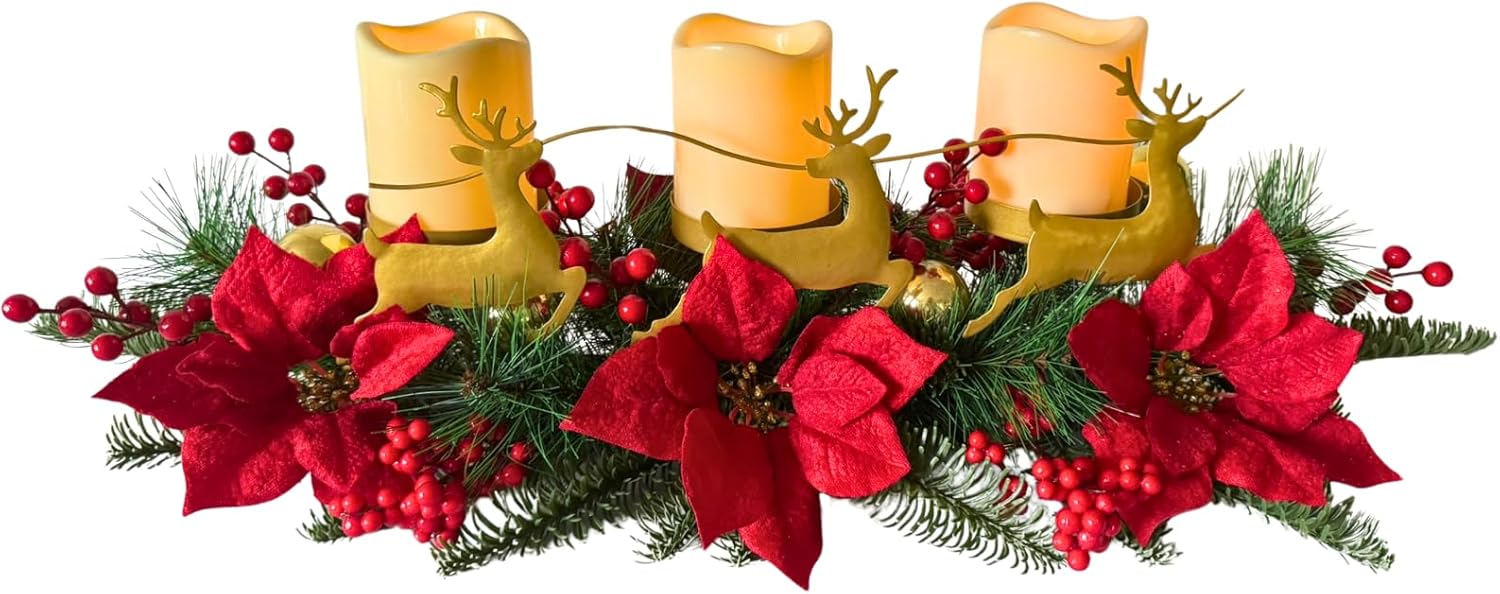 Poinsettia Candle Holder Centerpiece by [Brand Name] - Metal Deer Figurine with Red Berries & Pine Needles for Holiday Decor