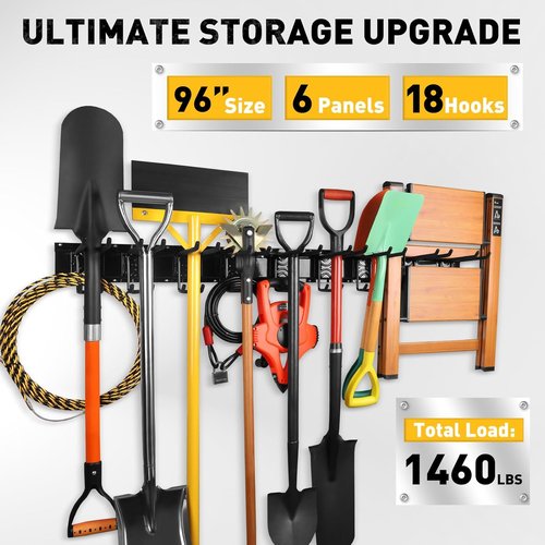 ELEAD Heavy Duty Garage Tool Organizer - 18 Pairs Wall Mount Hooks | Adjustable for Garden & Shed, 96 Inches, 1460 lbs Capacity