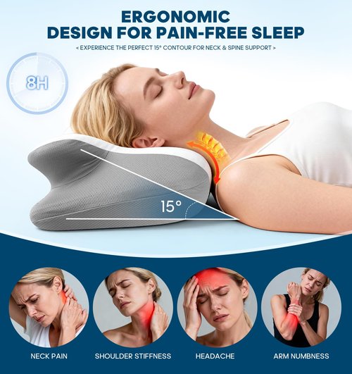 Cervical Neck Pillow – Ergonomic Contoured Memory Foam Pillow for Neck & Shoulder Pain Relief, Dual-Height Spine Alignment for Side, Back & Stomach Sleepers, Cooling Ice Silk Pillowcase – Queen