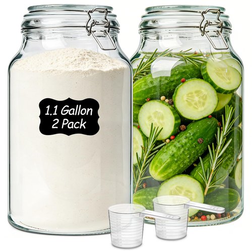 ComSaf 2 Pack 1 Gallon Glass Jars with Lids, Glass Flour Sugar Storage Containers for Pantry & Kitchen Organization, Extra Large Mason Jars with airtight lid, Coms with Labels & Massuring Cups.