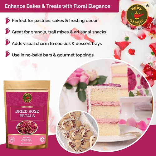 Spice Magic Dried Rose Petals | 100% Natural & Edible Rose Petals I Perfect for Herbal Teas, Desserts, Cupcake Toppings, Crafts and Decoration | Net Wt 2oz (57g)