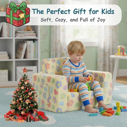 Tiita 2-in-1 Kids Sofa, Convertible Children Couch to Lounger, Flip Out Kids Chair, Toddler Armrest Chair Bed, Folding Kid Play Sofa for Girl or Boy, Flower