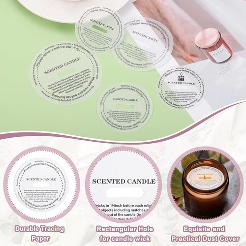 MECCANIXITY 60 Pcs Candle Dust Covers, 5cm/2" Round Printed Translucent Candles Drip Protectors Lid Accessories Letter Pattern for Craft Fragrance Making Jars Boxes Packaging