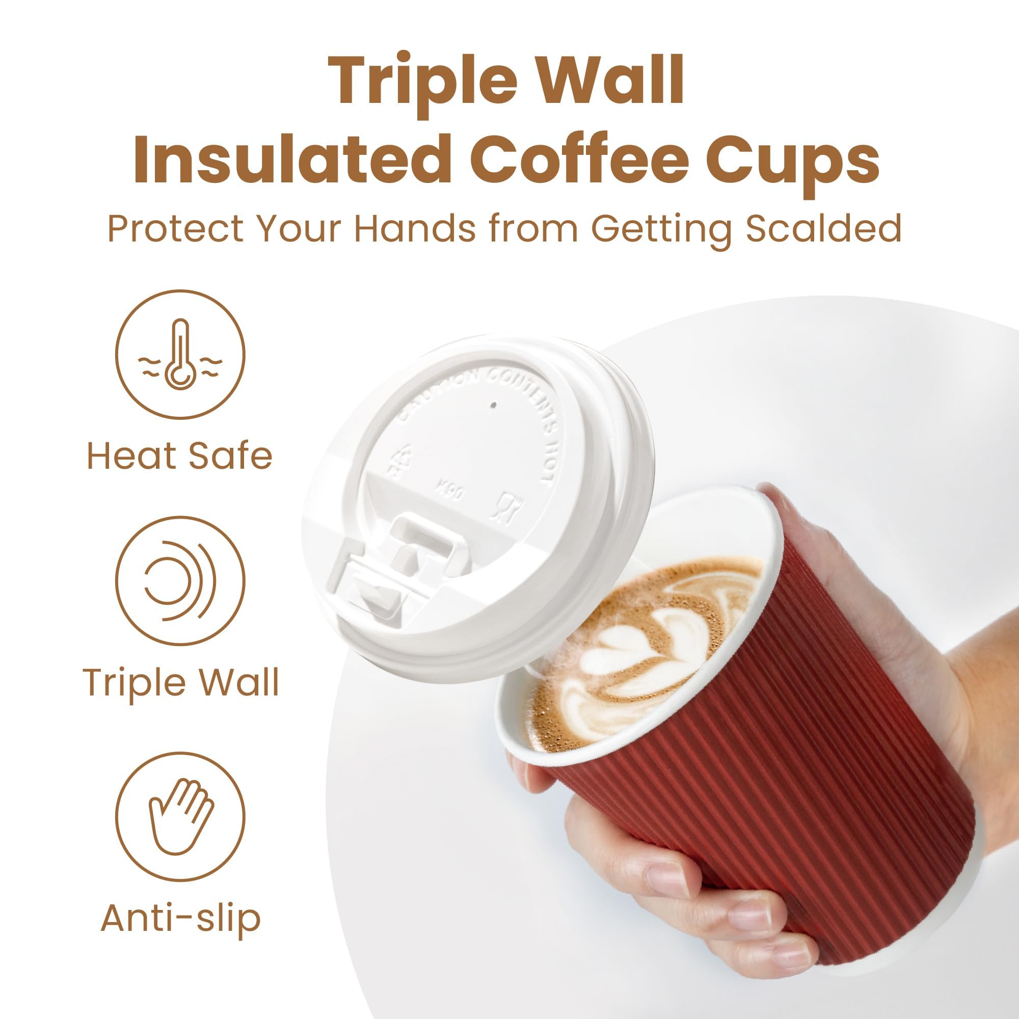 Fit Meal Prep 50 Pack 12 oz Red Disposable To Go Coffee Cups with White Lids - Triple Wall Corrugated Paper Cups for Hot Drinks, Parties & Holidays