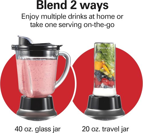 Hamilton Beach Wave Action Blender - Smoothies & Ice Crushing - 40oz Glass Jar & 20oz Travel Jar - 800 Watts, Silver
