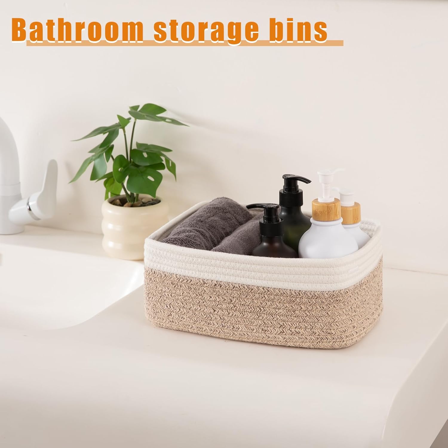 OIAHOMY Storage Baskets - Cute Decorative Organizing Bins for Shelves | 4 Pack, 11.8''L x 7.8''W x 4.7''H, Brown/White