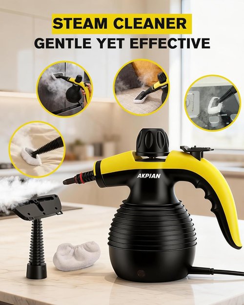 AKPIAN Handheld Steam Cleaner, 1050W Rapid-Heating Stainless Steel Boiler, Safety Locking Mechanism, Includes 10 Cleaning Tools, Deep Cleans Kitchens, Bathrooms, Cars, Windows, and More, Black