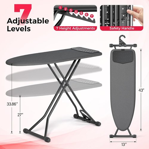 APEXCHASER Compact Ironing Board - Foldable Design with Heat Resistant Cover | 7 Height Adjustable, 13x43 Black