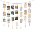 Mkono Macrame Photo Display Wall Decor - Boho String Lights & Wooden Beads | 45 Clip Collage Holder for Bedroom & Living Room
