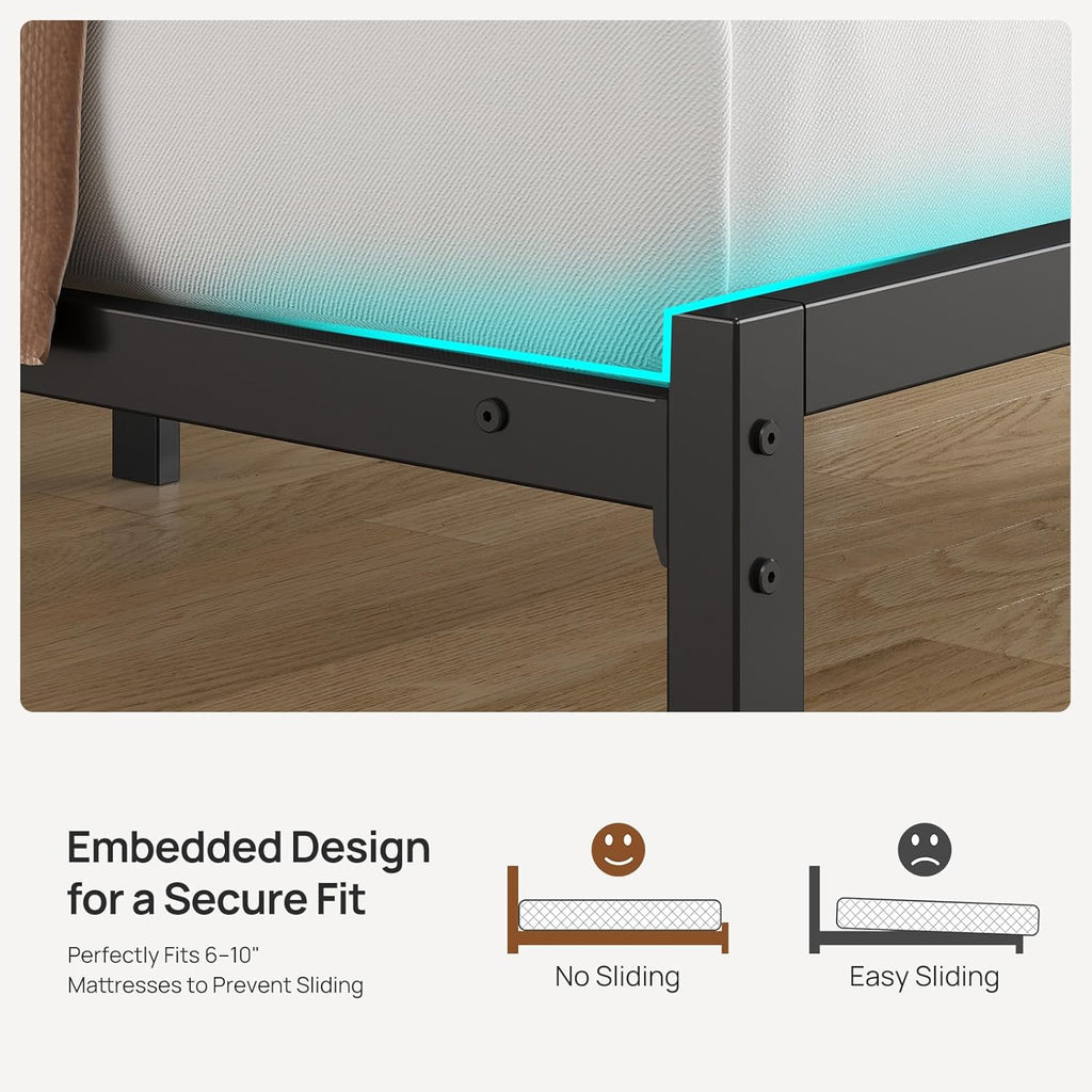 Rolanstar Full Size Bed Frame - Upholstered Storage Headboard with Charging Station & LED Lights | Grey