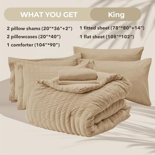 HYMOKEGE King Size Comforter Set - Luxury Seersucker 7-Piece Bedding Set in Khaki | All-Season Comfort