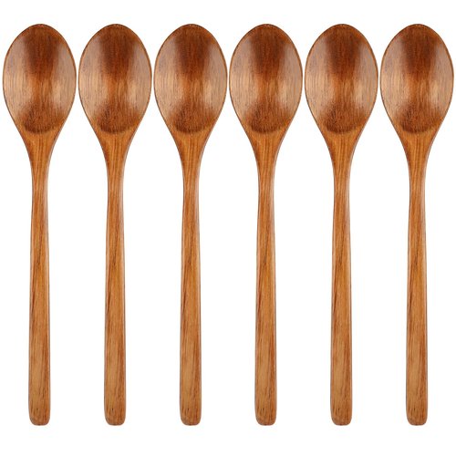 6 Pcs Wooden Spoons, 9 Inch Wood Soup Spoons for Cooking Mixing Eating,Oval Long Handle Spoon for Tea Jam Coffee Sugar Ice Cream and Bath Salts