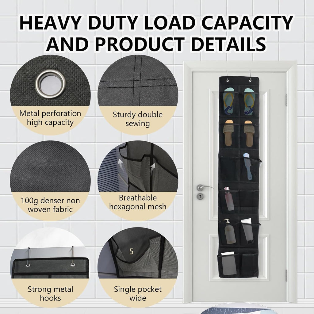 Over The Door Shoe Organizer - 12 Mesh Pockets for Easy Storage | Includes 4 Metal Hooks (Black)