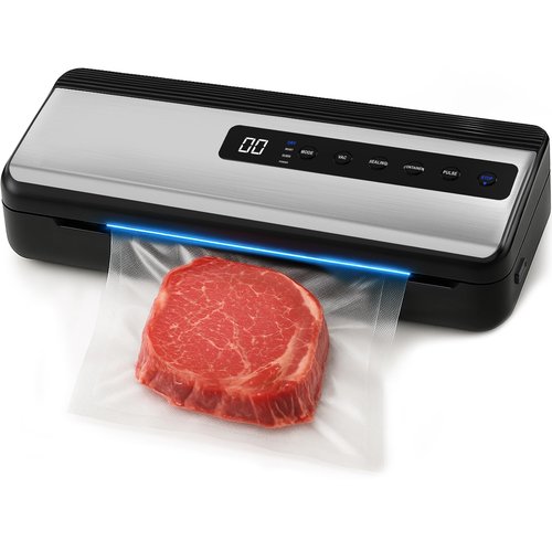 Vacuum Sealer for Food Saver & Preservation 80kPa - Powerful Suction Bag Sealer Dry/Moist/Liquid Modes - Vacuum Sealing Machine with Built-In Cutter, Bag Roll & 10 Bags Kit (Silver)