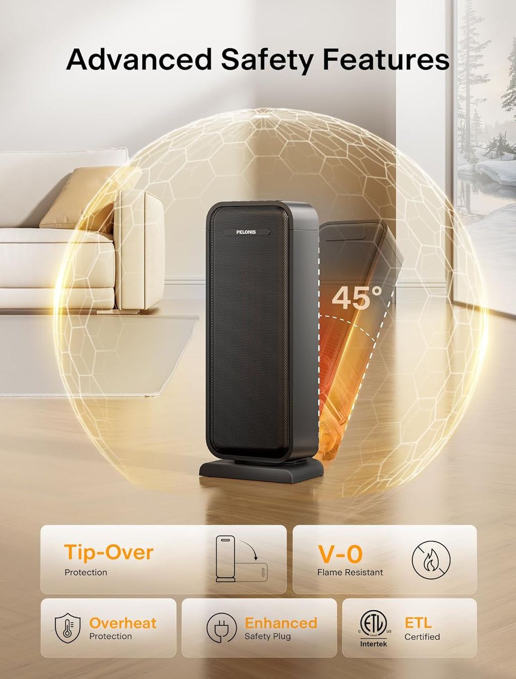 Pelonis 1500W Electric Space Heater - Portable Ceramic Heater with Thermostat & Oscillation | Ideal for Bedroom & Office