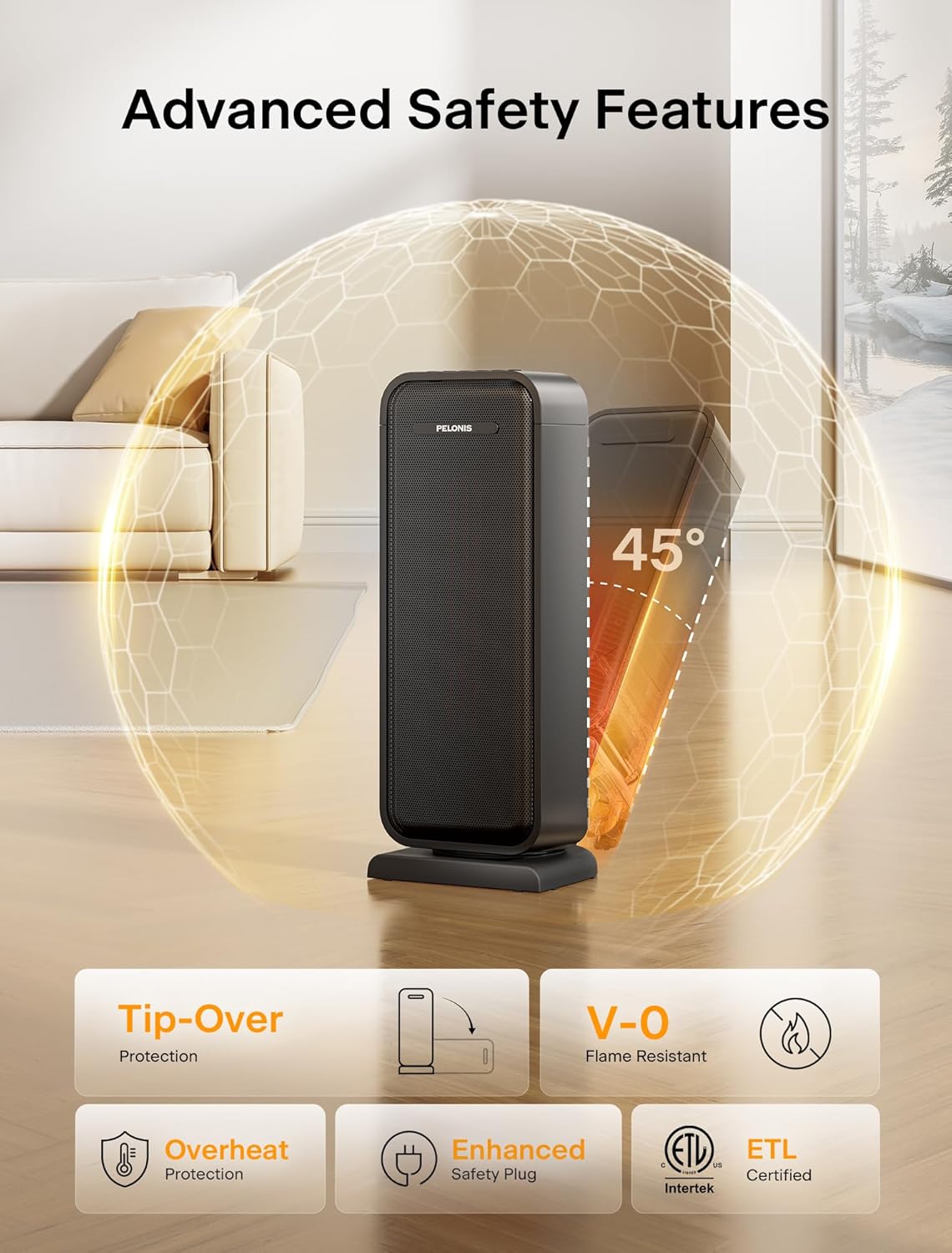Pelonis 1500W Electric Space Heater - Portable Ceramic Heater with Thermostat & Oscillation | Ideal for Bedroom & Office