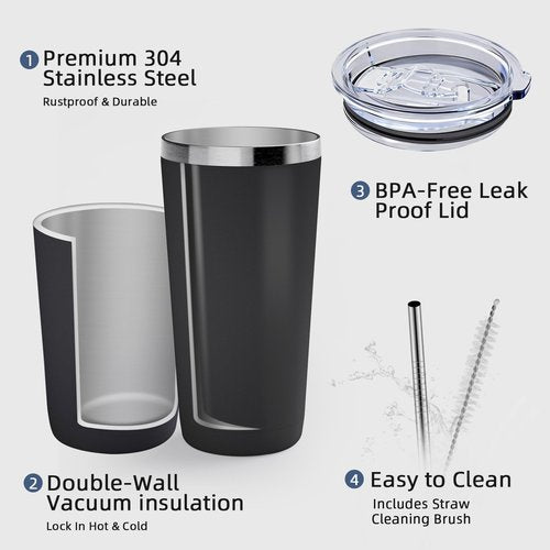 GGQ 20oz Travel Coffee Tumbler Food-Grade 304 Stainless Steel Vacuum Insulated Double Wall Leak-Proof Lid Reusable Straw Hot and Cold Drinks Cup Holder Friendly (Brown)