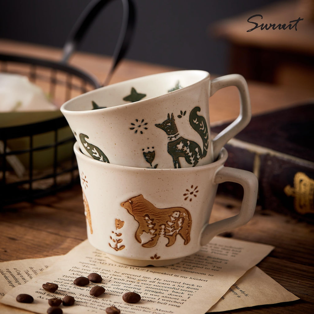 Swuut 12oz Vintage Ceramic Coffee Mug Set of 4 - Handmade Stoneware Pottery Countryside Farmhouse Fall Autumn Tea Mugs with Big Handle for Latte,Cocoa,Dishwasher & Microwave Safe Cups (Animals)