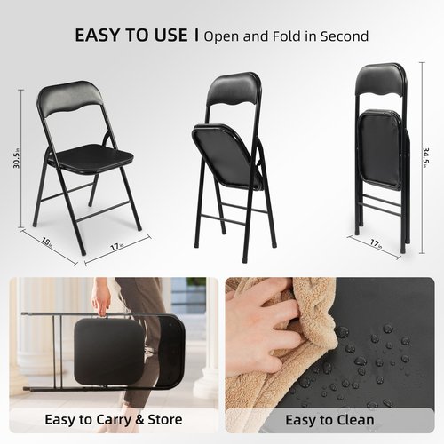 Elevon Folding Chairs 2 Pack, Padded Vinyl Cushion Chairs with Sturdy Metal Frame for for Home and Office, for Indoor and Outdoor Events, 300lb Capacity, Black