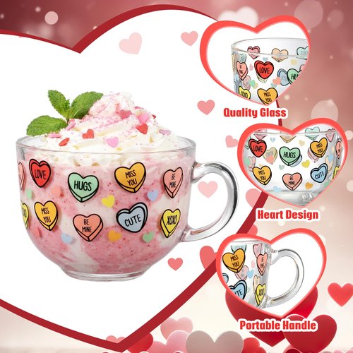 Sliner 6 Pcs Valentines Day Candy Heart Glass Coffee Mugs with Handle, 16 oz Clear Love Conversation Coffee Mugs Irish Glasses Cups for Valentine Gifts Beverages Latte Hot Chocolate(Conversation)