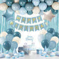 Blue Birthday Decorations for Men with Sand White Light Slate Dusty Blue Balloons Happy Birthday Banner Light Blue Fringe Curtains for Birthday Party Decorations