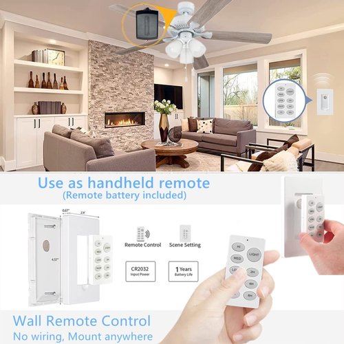 Nexete Universal Ceiling Fan Remote Control Kit,Wireless Wall Mounted Remote Control Switch & Receiver Replacement for Hunter Westinghouse Honeywell Hampton Bay (1-Pack Receiver & Scene Remote)