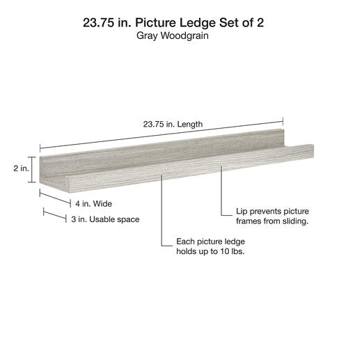 MCS Picture Ledge Shelf, Room Decor Floating Shelf, Gray Woodgrain, 23.75 Inch, Set of 2