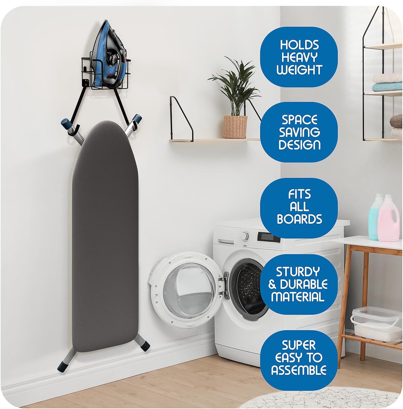 T&V Ironing Board Holder - Wall Mount & Over The Door Hanger | Heat Reflective & Stain Resistant Cover Set