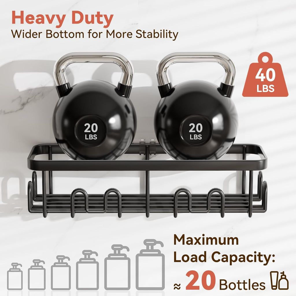 YASONIC Adhesive Shower Caddy - Rustproof 2-Pack Black Shower Shelves with Soap & Toothbrush Holder