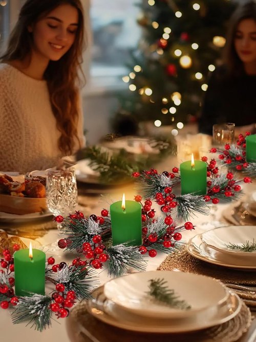 Christmas Candle Rings - Decorative Wreath Garland for 3" Pillar Candles | Red Berry Accents for Holiday Centerpieces