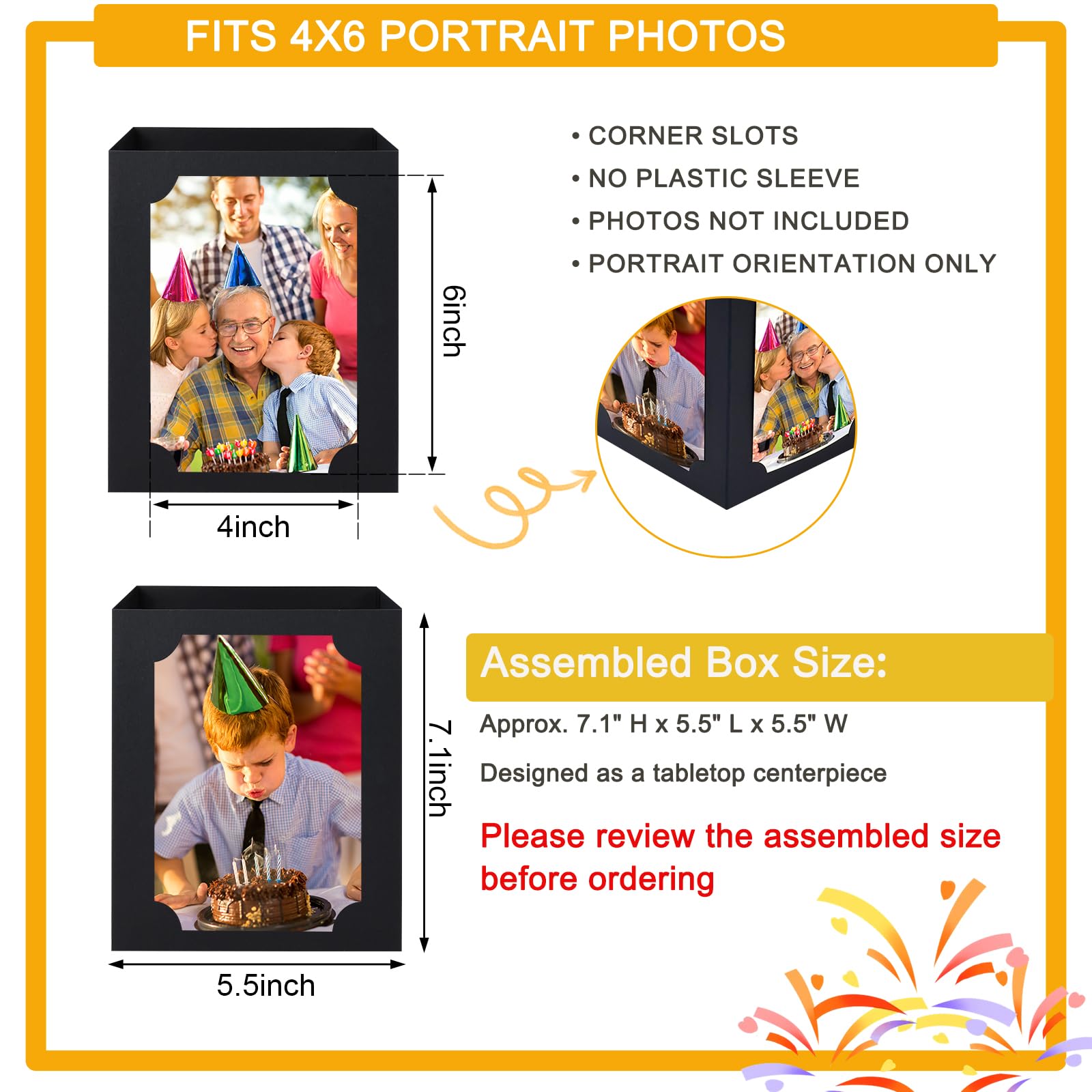 Tongnian 12 Pcs Picture Centerpieces for Table - 6 Inch Photo Display Frame & Hollow Picture Props Box for Congrats Grad Decor, Wedding, Birthday Party Table Decoration (Black)