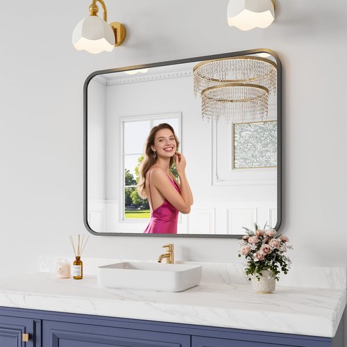 Koonmi Bathroom Mirror, 30X36 Inch Black Metal Framed Mirror for Bathroom, Tempered Glass, Anti-Rust, Rounded Rectangle Mirror for Restroom, Bedroom, Black