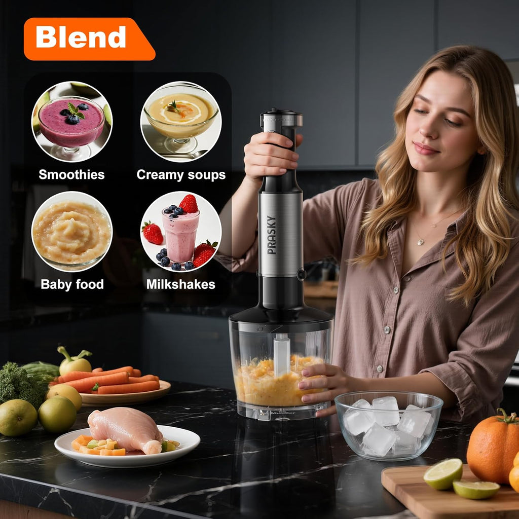 Skiennix Immersion Blender - 20-Speed Handheld Blender with Turbo Mode & Stainless Steel Blades | 600ml Beaker & 500ml Chopper (Silver)