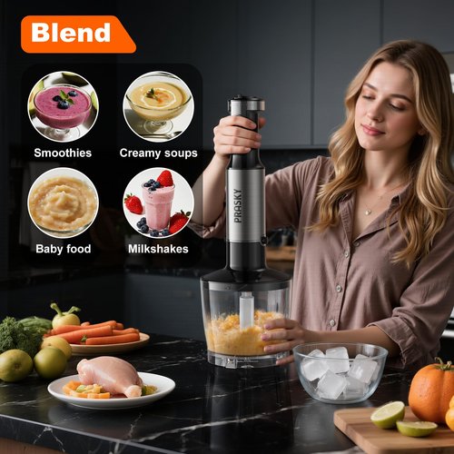 Immersion Blender Handheld Hand Blenders, 20 Speed & Turbo Mode Hand Held Blender, Heaviest Duty Copper Motor, Stainless Steel Blades, Milk Frother Wand, Whisk, 600ml Beaker, 500ml Chopper (Silver)