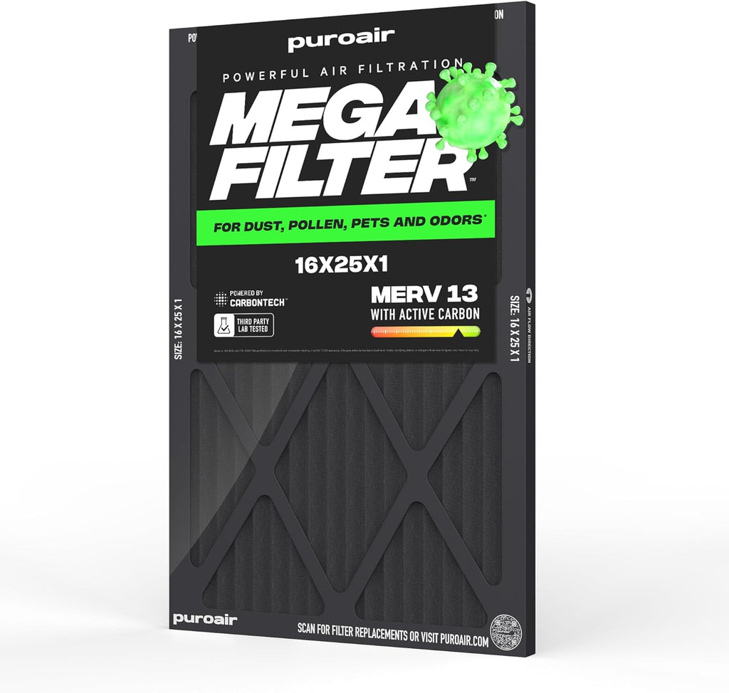 PuroAir MegaFilter - MERV 13 Activated Carbon Air Filter | Heavy Duty 16x25x1 for Allergens & Odors