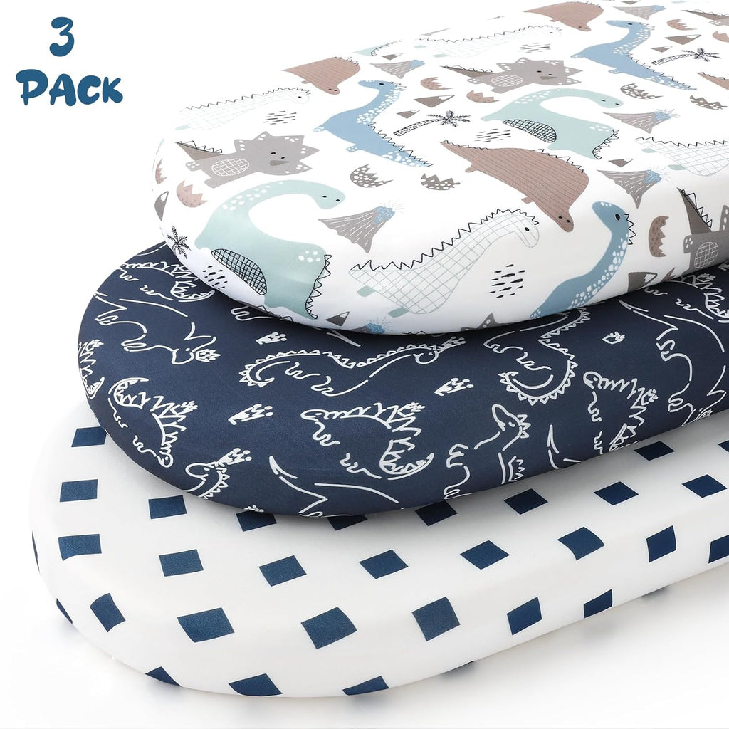 Yoofoss Bassinet Sheets - 3-Pack Fitted Sheets for Halo Bassinest & More | Soft, Breathable, Dark Blue & Dinosaurs