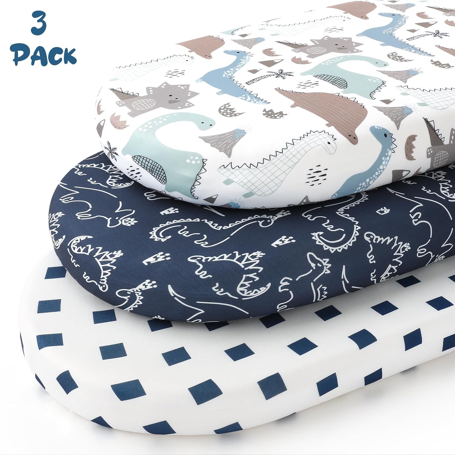 Yoofoss Bassinet Sheets - 3-Pack Fitted Sheets for Halo Bassinest & More | Soft, Breathable, Dark Blue & Dinosaurs