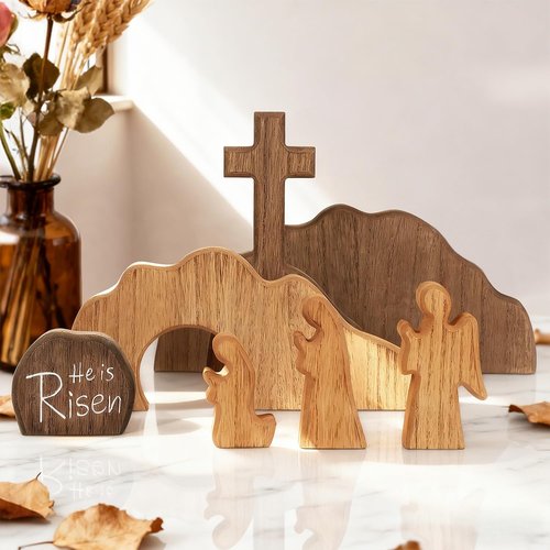 Glintoper Empty Tomb Easter Scene and Cross Decoration, 7pcs Wooden Easter Resurrection Scene Cross Jesus Tomb Tray Set, Tabletop Christian Gifts Jesus Nativity Scene Decor for Religious Home Office
