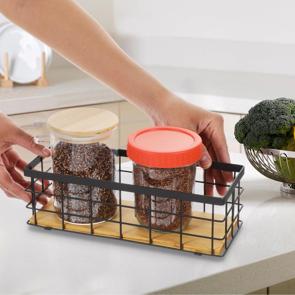 2 Pack Small Wire Baskets, Narrow Rustic Storage Bin for Bathroom Counter, Farmhouse RectangleOrganizer Tray for Kitchen Countertop, Pantry, RV, Office Decorative