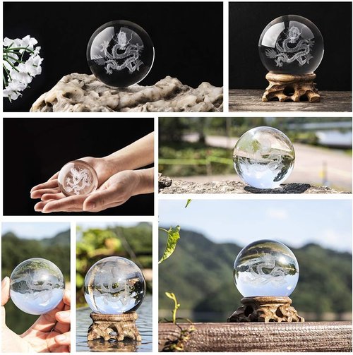 HDCRYSTALGIFTS 3D Inner Carved Dragon Crystal Ball - 60mm Glass Paperweight with Wooden Base