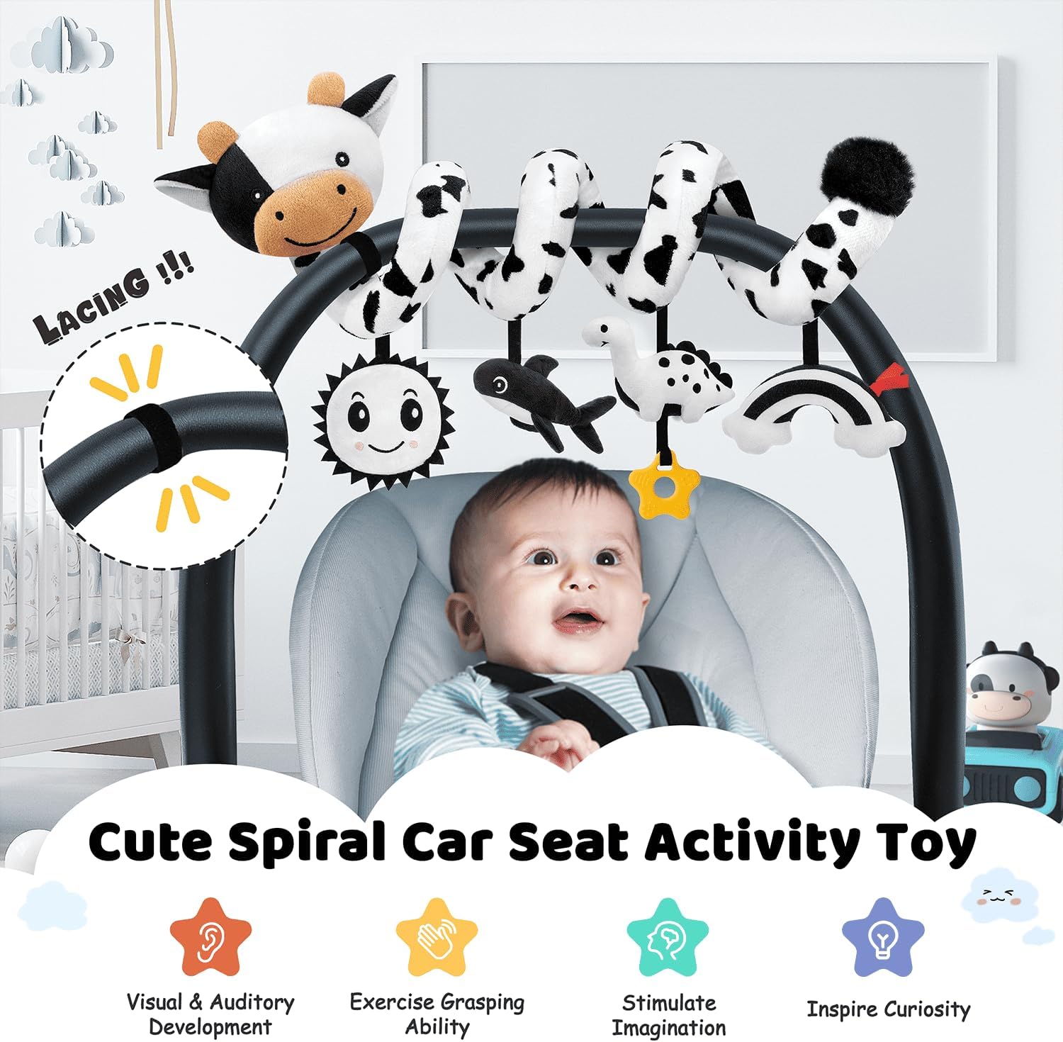 Skiennix Spiral Car Seat Baby Toys - High Contrast Sensory Hanging Stroller Accessories | Newborn Gift for Boys