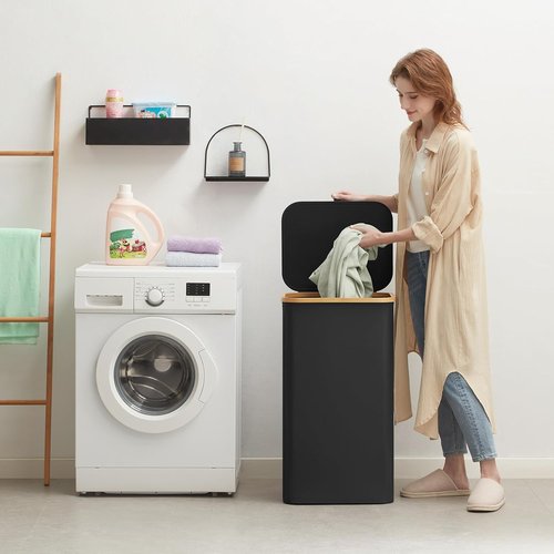 Lifewit 100L Laundry Basket - Foldable Hamper with Lid & Bamboo Handles | Black with Removable Bag