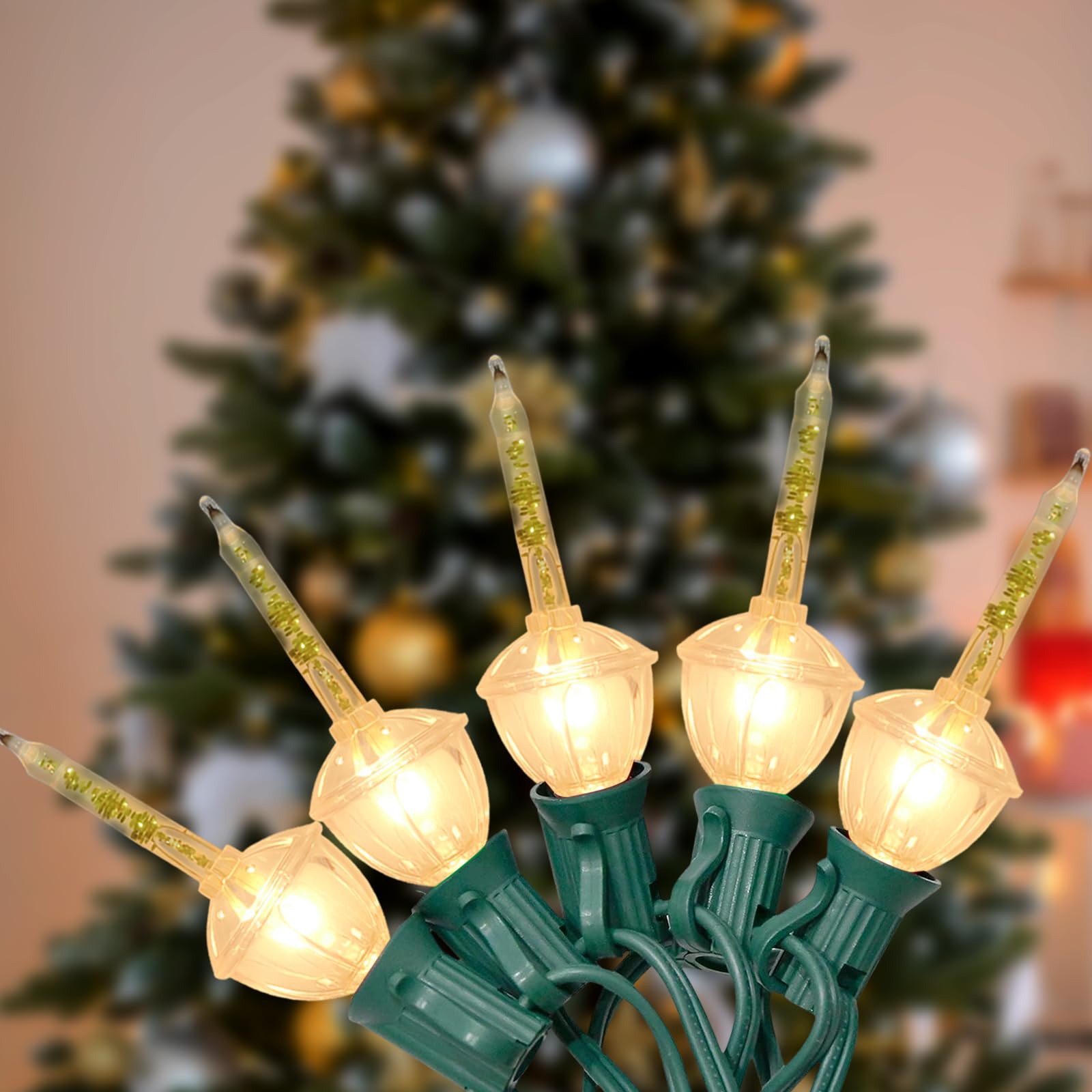 Romasaty Christmas Bubble Lights Set, 11Ft Vintage String Lights, 8 Clear Bulbs with Gold Glitter, Traditional Bubble Lights for Christmas Tree, Party Indoor/Outdoor Decor, Green Wire