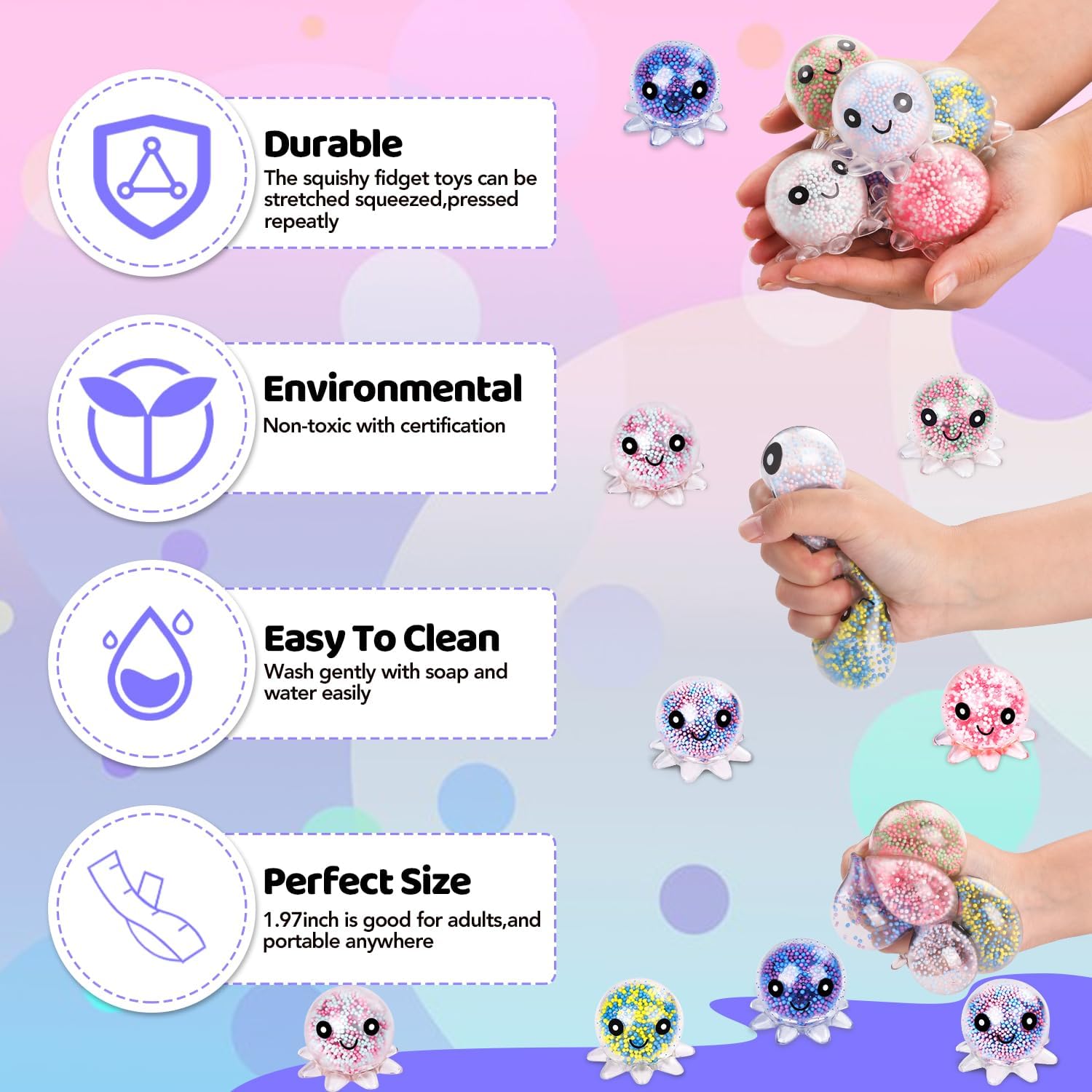 Skiennix Fidget Stress Balls - 12 Pack Cute Octopus Design for Adults | Stress Relief & Party Favors